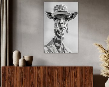 Giraffe met hoed en bril in een stijlvol zwart-wit portret van Felix Brönnimann