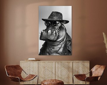 Stijlvol nijlpaard met zonnebril en hoed in zwart en wit van Felix Brönnimann