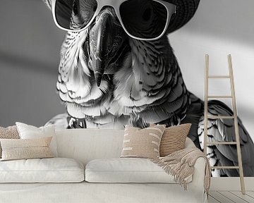 Parrot with sunglasses and hat in black and white by Poster Art Shop