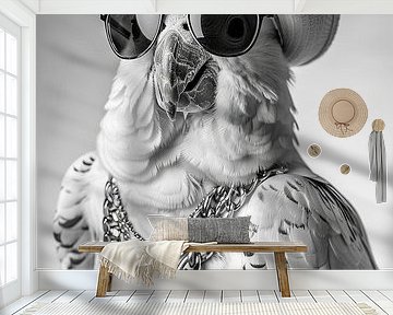 Parrot with sunglasses and hat in black and white by Poster Art Shop