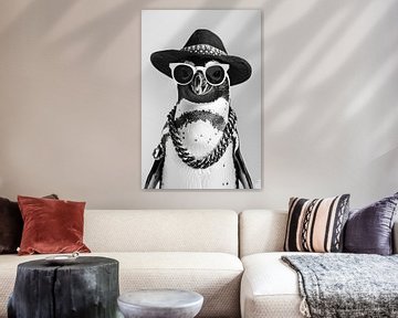 Pinguïn in zwart en wit met hoed en bril van Poster Art Shop