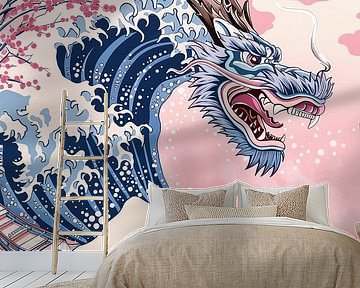 Japanse kersenbloesem tsunami draak | blokdruk van Frank Daske | Foto & Design