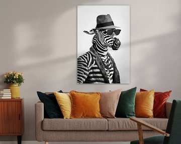 Zebra met hoed en zonnebril in zwart en wit van Poster Art Shop