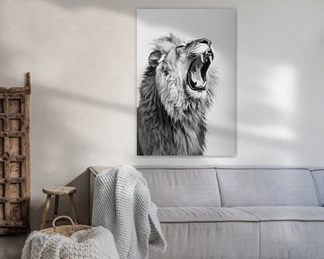 Vermoeide geeuwende leeuw in zwart-wit van Poster Art Shop