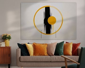 Geel-Zwarte Abstractie met Dynamische Cirkels van De Muurdecoratie