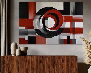 Abstract minimalisme met rode en zwarte cirkels van De Muurdecoratie