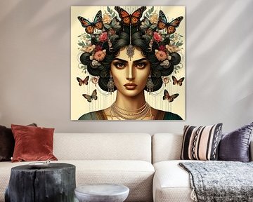 Vrouwenportret met vlinders en bloemen van Jessica Berendsen