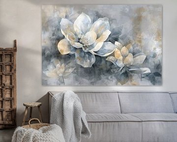 Monochrome Bloemen Abstractie in Grijs en Beige van De Muurdecoratie