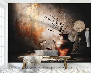 Stilleven met koperen kruiken voor een ruwe betonmuur met gouden vegen van Dutch Art Works