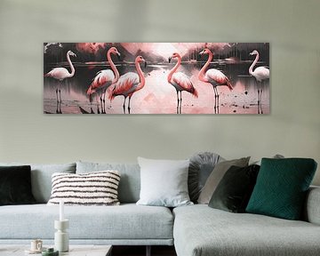 Panorama kunstwerk roze flamingo groep in meer van Emiel de Lange