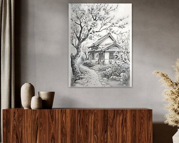 zwart-wit poster toont een charmant huisje van PixelPrestige