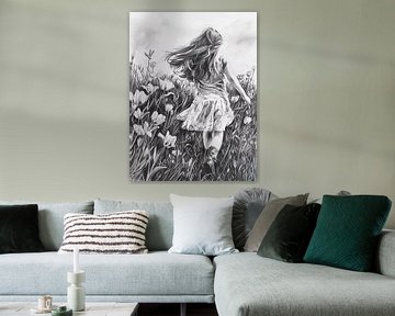 Zwart wit portret meisje in het gras van PixelPrestige