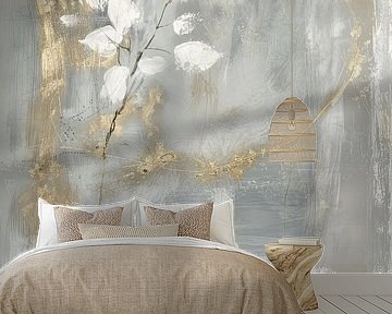 Botanical abstract with a touch of gold in Japandi style by Japandi Art Studio