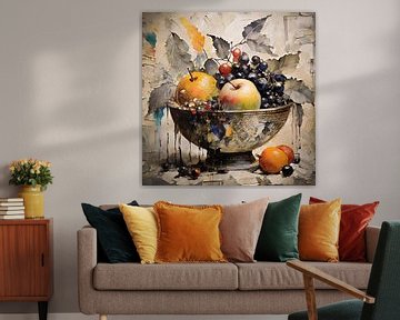Fruitschaal stilleven met appel sinaasappel en druiven van Emiel de Lange
