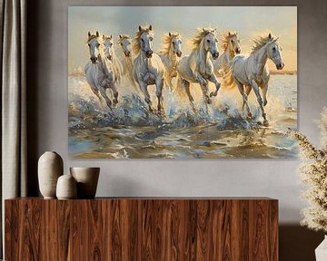 Een kudde paarden die galopperen over water van Thea