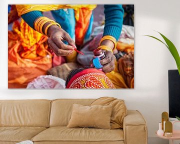 Bewerkte weergave van indiase vrouw die het derde oog aanbrengt bij vriendin. Wout Kok One2expose van Wout Kok