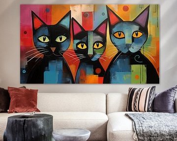 3 abstracte zwarte katten kleurrijk van TheXclusive Art