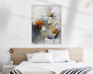 Modern abstract stilleven in wit, zwart en oranje van Japandi Art Studio