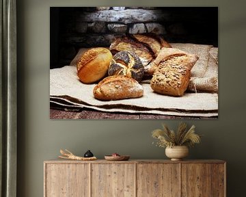 Verschillende soorten brood en broodjes op een bakkersposter van Beats