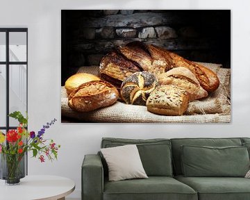 Verschillende soorten brood en broodjes op een bakkersposter van Beats