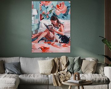 Meisje met een boek en haar kat op bed van Studio Allee