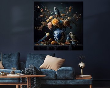 Stilleven met parkieten en Delfts blauwe bloemenvaas  Digitale kunst in Oude Meesters stijl van Dutch Art Works