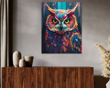 Digitaal portret van een kleurrijke uil met polygon patroon van Dutch Art Works