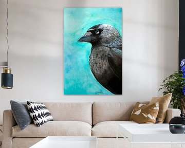 Kauw vogel met blauwe achtergrond van Gabriela Brakenhoff