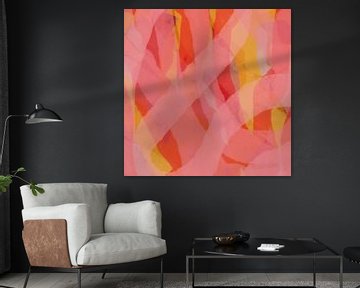 Moderne abstracte kunst. Penseelstreken in neonroze, oranje en geel van Dina Dankers