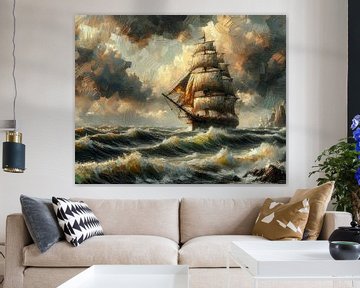 Groot zeilschip in de storm in olieverf schilderij van John van den Heuvel