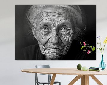 Portret van een oude vrouw met zwarte achtergrond, zwart-wit fotografie van Animaflora PicsStock