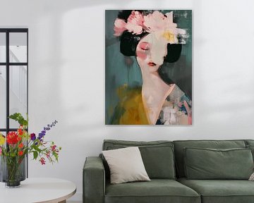Geisha in pastelkleuren, modern en abstract van Carla Van Iersel