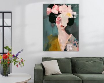 Geisha in pastelkleuren, modern en abstract van Carla Van Iersel