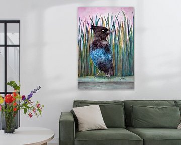 Blauwe gaai vogel met roze lucht van Gabriela Brakenhoff