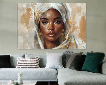 Elegante Vrouw met Gouden Hoofddoek van De Muurdecoratie