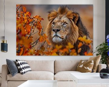 Leeuw in Herfstbladeren - Natuurs Koningschap van De Muurdecoratie