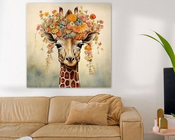 Schilderij Giraffe Bloemen van Abstract Schilderij