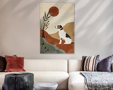 Stilistische hond en planten tegen rode zon van De Muurdecoratie