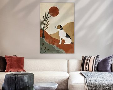 Stilistische hond en planten tegen rode zon