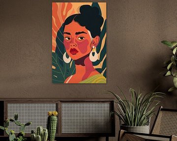 Elegante vrouw met tropische planten achtergrond van De Muurdecoratie