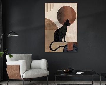 Minimalistische zwarte kat tegen een abstracte achtergrond van De Muurdecoratie