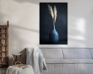Blue vase with beige pampas grass in minimalist style