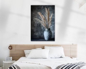 Rustieke blauwe vaas met graanstengels tegen donkere achtergrond van Art & Soul Creations