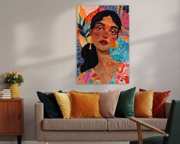 Kleurrijk portret van een vrouw met bloemen en abstracte vormen van De Muurdecoratie