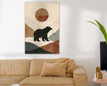 Bear in abstract landscape with geometric sun