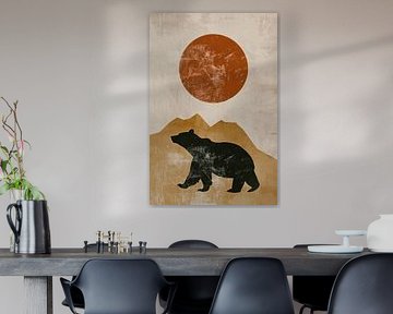 Minimalist view of bear and mountains at sunset