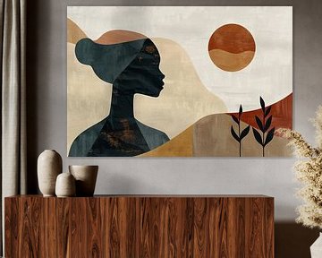 Abstract silhouet van een vrouw met natuurlijke kleuren van De Muurdecoratie