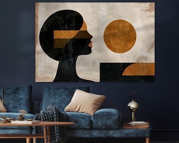 Female silhouette and abstract circles in monochrome colours