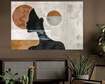 Silhouet van vrouw met minimalistische cirkels van De Muurdecoratie