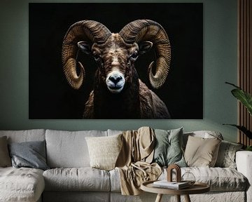 Portret van een Ram tegen een Zwarte Achtergrond van De Muurdecoratie